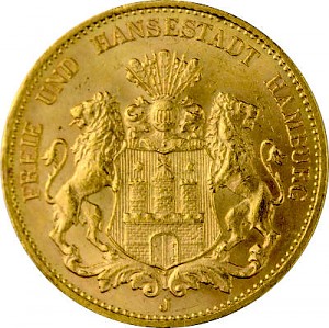20 Mark allemand Ville hanséatique de Hambourg 7,16g d'or fin (1893 - 1913)