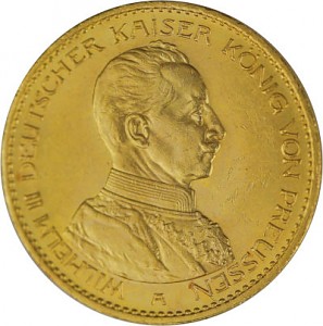 20 Mark allemand Wilhelm II de Prusse uniforme 7,16g d'or fin