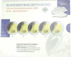 5x 2 EUR set de pièces commémoratives série États fédéraux A-J. 2008 St.