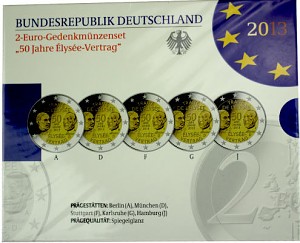 5x 2 EUR set de pièces commémoratives 50 ans du traité de l'Élysée A-J. 2013 St. 5x 2 EUR set de pièces commémoratives 50 ans du traité de l'Élysée A-J. 2013 St.