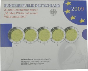5x 2 EUR set de pièces commémoratives 10 ans d'Union économique et monétaire A-J. 2009 St.
