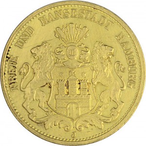 20 Mark allemand Ville hanséatique de Hambourg 7,16g d'or fin (1875 - 1889)
