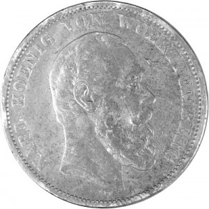 5 Marks Allemand Karl Roi de Wurtemberg, 25 g d'Argent (1874 - 1888)