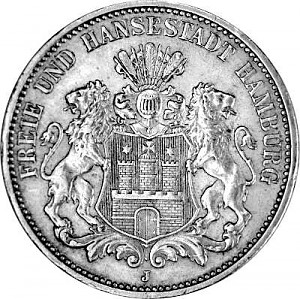 3 Mark Allemand Ville hanséatique de Hambourg 15 g d'Argent (1908 - 1914)