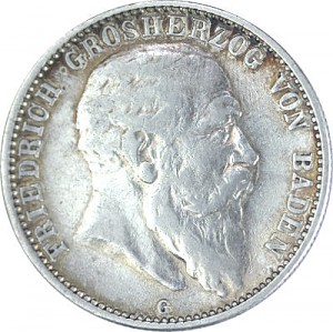 2 Mark Allemand Friedrich Grand-duc de Bade 10 g d'argent (1902 - 1907)