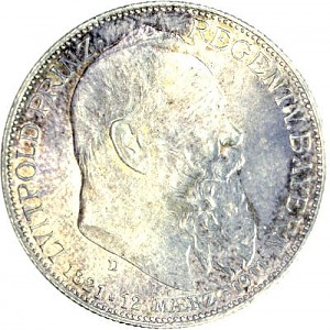 2 Mark Allemand Luitpold Prince Régent de Bavière 10 g d'argent - 1911